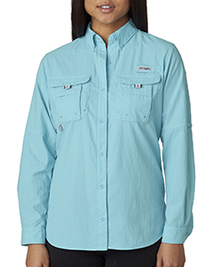 blue fishing shirt on a woman