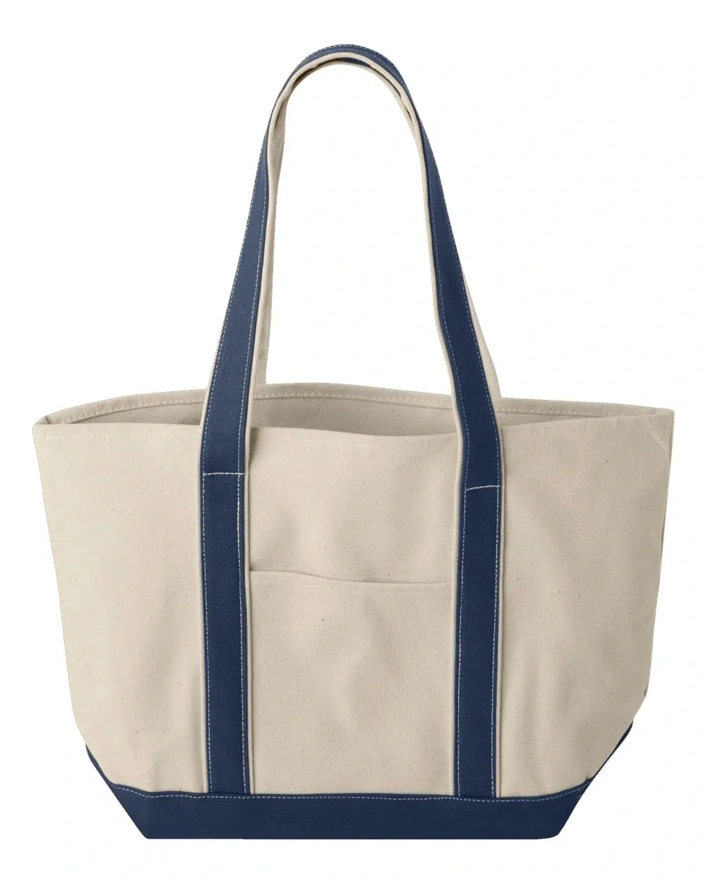 Beige tote bag with blue handles.
