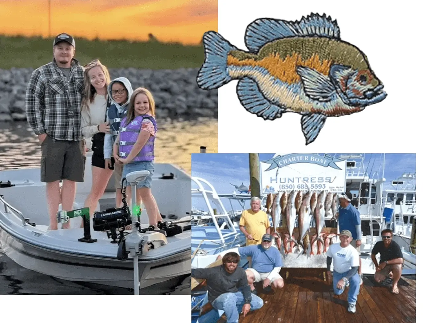 Family fishing trip collage with fish illustration.